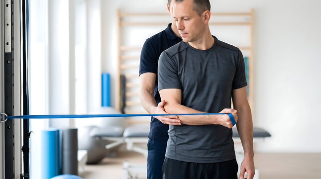 Physical therapist guiding man performing shoulder exercise with blue resistance band