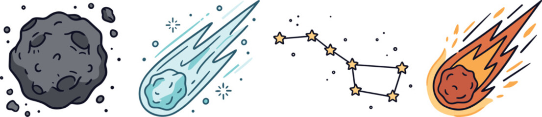 Set of cute cartoon space elements including asteroid comet constellation and falling star © Uzzal