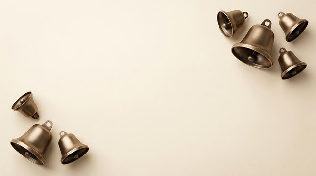 Vintage antique brass bells arranged on a neutral cream colored background with copy space