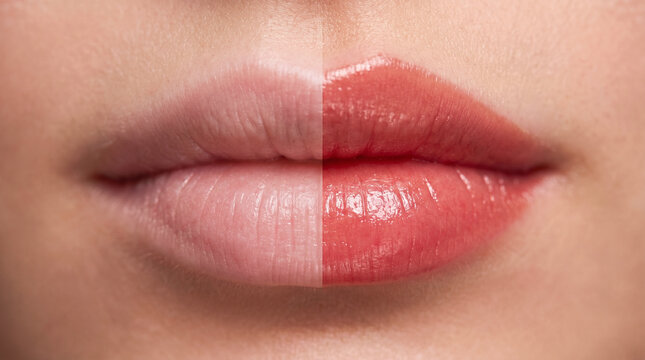 Lip tattoo before and after comparison showing permanent makeup results