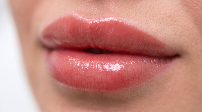 Close up of plump glossy female lips after permanent makeup lip blush treatment