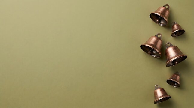 Antique bronze bells arranged on a muted olive green background with copy space