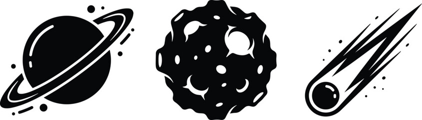 Set of three celestial body icons featuring a planet with rings an asteroid and a flying comet © Uzzal