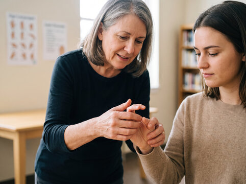 Senior teacher guiding young woman hand positioning during classroom instruction, showing focused support and practical