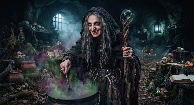 Evil old witch with a cackling expression stirring a bubbling green potion in her dark, cluttered cavern lair