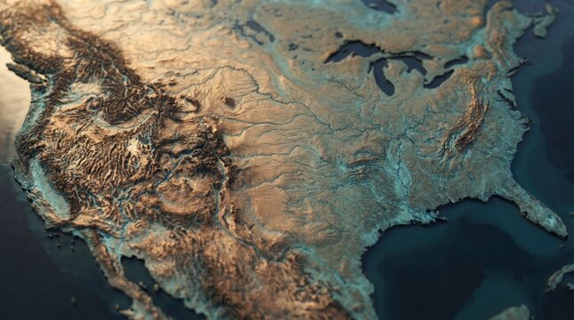 North America continent is depicted as a detailed three-dimensional topographic relief map with a weathered bronze texture.
