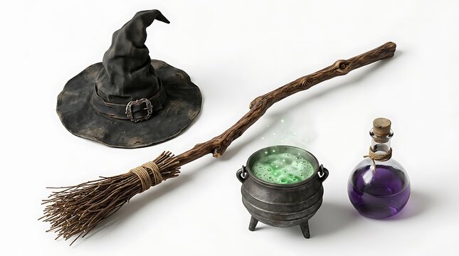 Witch hat, broomstick, boiling cauldron with green potion, and purple magic potion bottle isolated on white background, Halloween concept