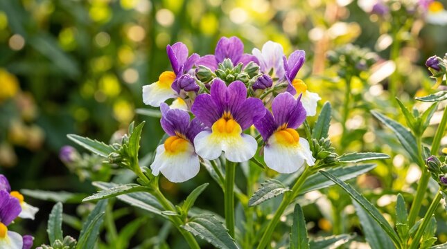 Vibrant purple and yellow nemesia flowers growing outdoors in daylight
