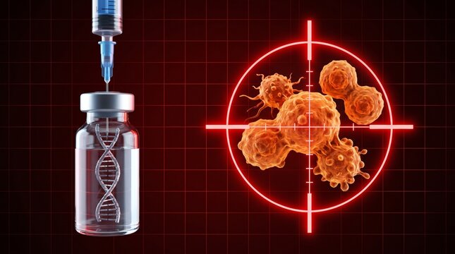 Medical syringe extracting liquid from a vial containing a dna strand near a targeted cell cluster with virus