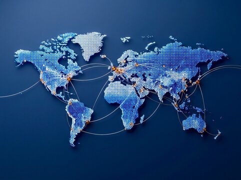 Digital blue world map with golden network connection lines and global flight routes background 3D render