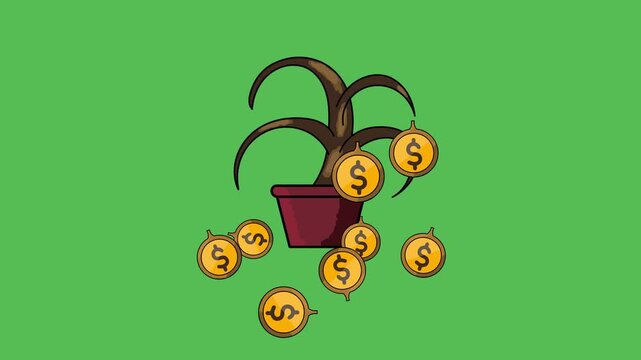 Money falling from a withered tree, symbolizing bankruptcy, financial loss, economic decline, and business failure. The concept illustrates wealth deterioration, monetary crisis