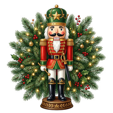 Festive nutcracker soldier surrounded by pine branches, holly berries, and warm fairy lights, isolated on transparent background
