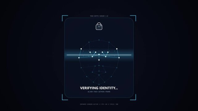 Animated facial recognition system verifying identity screen
