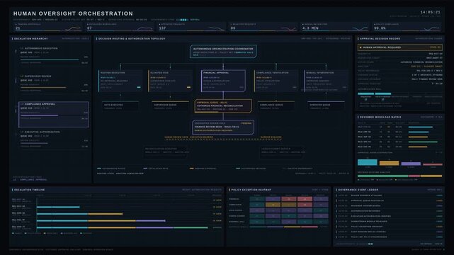 An advanced AI orchestration governance dashboard showcases escalation paths and human approval requests in a cinematic dark enterprise interface with detailed metrics.