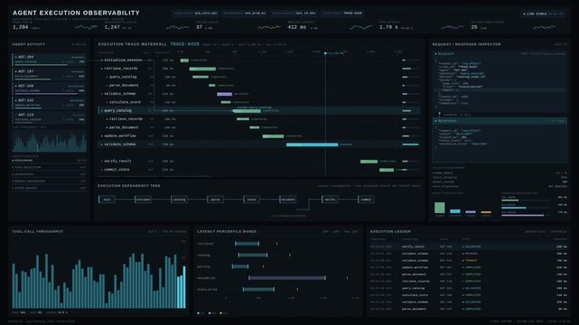 Explore a sophisticated agentic AI operations dashboard showcasing autonomous task orchestration, dependency management, and real-time workflow coordination in a dark enterprise environment.