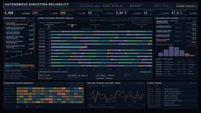 Explore a sophisticated agent execution reliability dashboard with error classification and automated recovery timelines designed for monitoring operational failures in AI workflows.