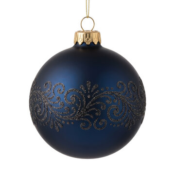 Dark blue matte christmas bauble with glittery filigree pattern isolated on transparent background