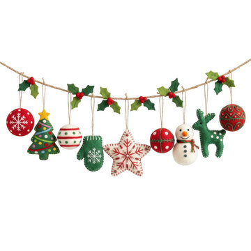Handmade felt christmas garland with various ornaments and holly leaves isolated on transparent background