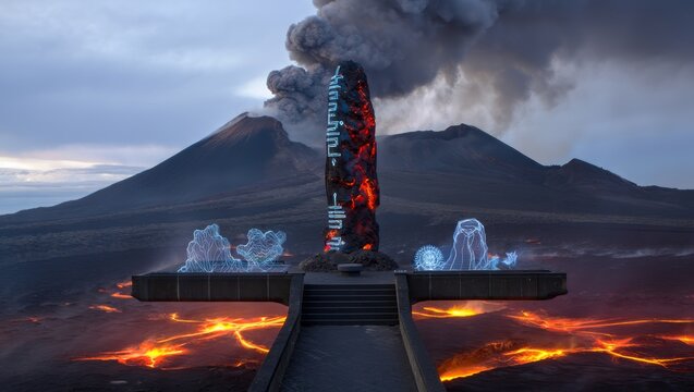 Mystical Monolith Erupts Amidst Volcanic Landscape with Lava Flow