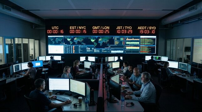 Analysts Working Shifts Under Clock Display Above Video Wall, 24/7 Security Operations Center Monitoring