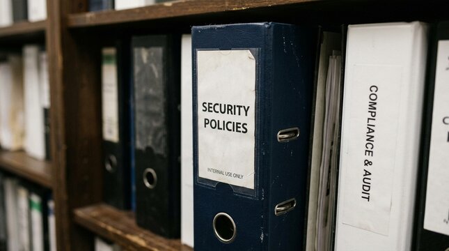 Binder Labeled Security Policies on Office Shelf, Information Security Policy Documentation and Compliance