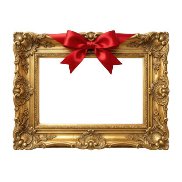 Ornate vintage gold picture frame decorated with a large red bow, isolated on transparent background