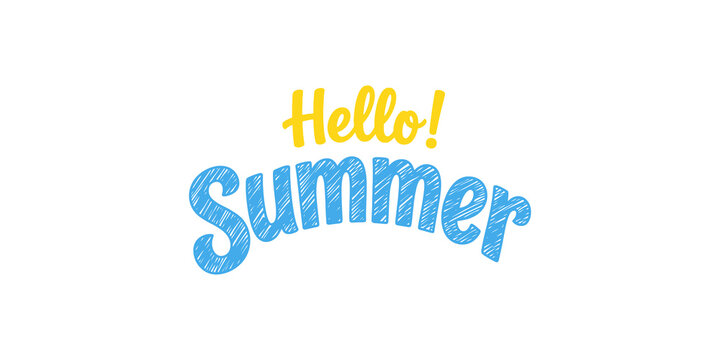 Hello summer typography with blue scribble texture and yellow accent for seasonal vacation travel graphic design.