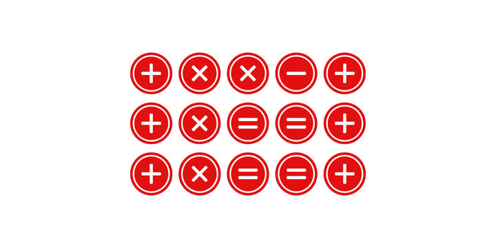 Red circle icons featuring plus multiplication equals minus math operators for digital interface element application.