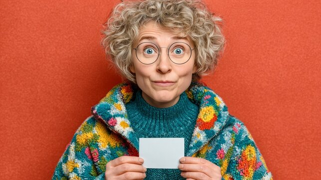 A senior woman with curly grey hair and glasses holding a blank white card with a surprised expression against a solid red background.