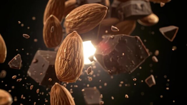 Dark Chocolate Chunks and Roasted Almonds Falling and Tumbling in Slow Motion, Anti-Gravity Floating Effect on Black Background, 120fps 4K Food Commercial Stock Footage