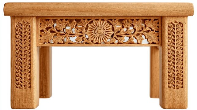 Hand-carved wooden stool featuring intricate floral and leaf patterns, crafted from light natural wood against a isolated white background.