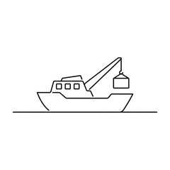 Minimalist Line Art of a Fishing Vessel with Crane and Net on White Background © OddVectorCo