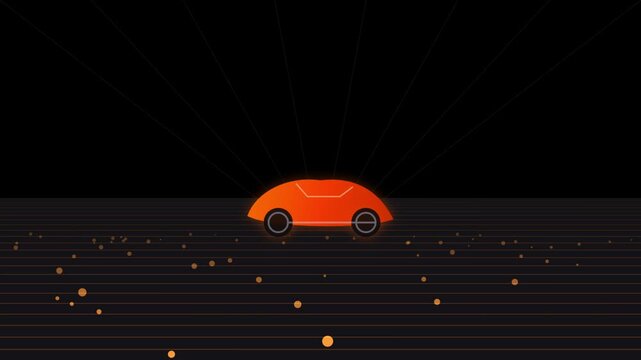 Orange neon car silhouette moving fast on digital grid background with glowing particles motion