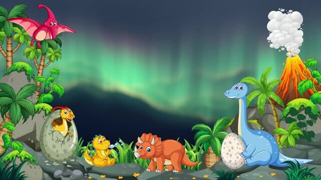 Cartoon Dinosaurs in Prehistoric Landscape Under Green Aurora Borealis Night Sky