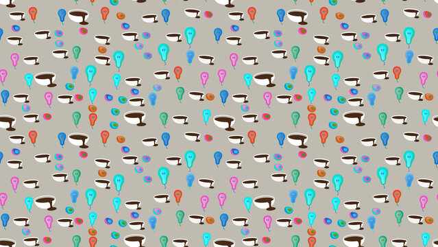 Pattern of coffee cups and colorful stylized pears