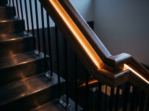 Wooden stairs handrail in a modern apartment interior with dark steps and sleek black balusters. Ideal for real estate marketing, renovation planning, and contemporary home living themes.  
