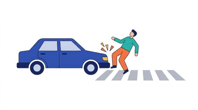 Flat vector illustration of a car accident hitting a pedestrian on a crosswalk