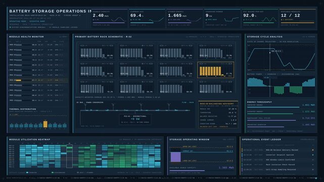 Explore an advanced battery energy storage operations dashboard featuring charging cycles, storage utilization trends, and real-time module health monitoring for industrial applications.