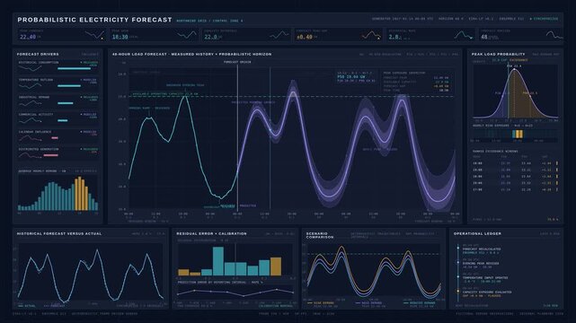 Explore a sophisticated electricity demand forecasting dashboard showcasing peak load predictions, uncertainty bands, and historical power consumption for energy analysts and grid planners.