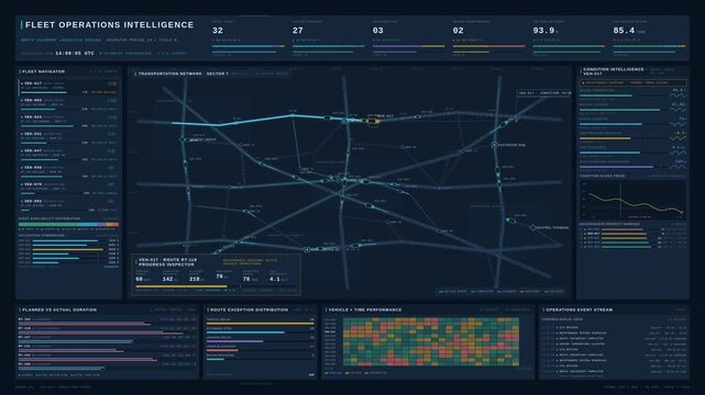 Cinematic 4K fleet intelligence dashboard visualizing vehicle health, route performance, and logistics metrics in a premium dark enterprise operations command center interface.