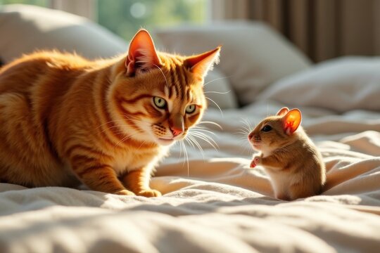 cat memes orange tabby cat lying on a bed beside a tiny yellow mouse in warm sunlight