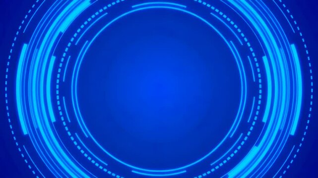Abstract blue background with glowing rotating concentric rings, dashed circles and arc lines, futuristic HUD style tech motion graphic with copy space in the center