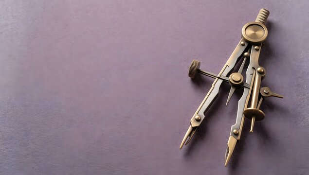 Vintage drafting compass tool on muted purple background with copy space.