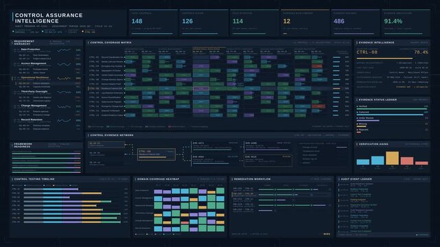 Cinematic 4K compliance monitoring dashboard visualizing control coverage, audit evidence status, and regulatory mapping in a dark enterprise governance interface with animated data matrices.