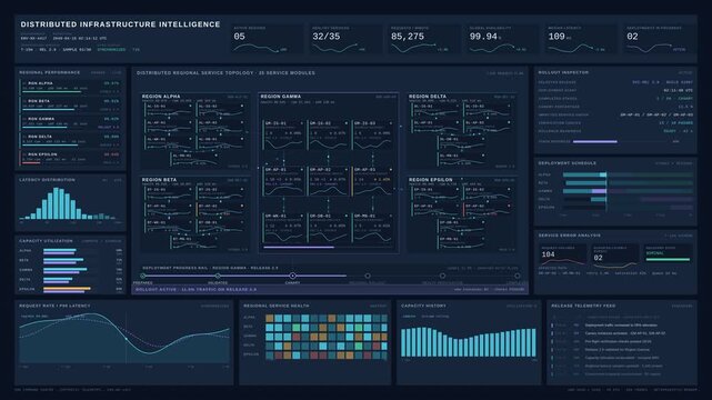 Cinematic 4K cloud infrastructure dashboard visualizing regional service health, deployment rollout status, and distributed application availability with dark enterprise UI and animated topology.