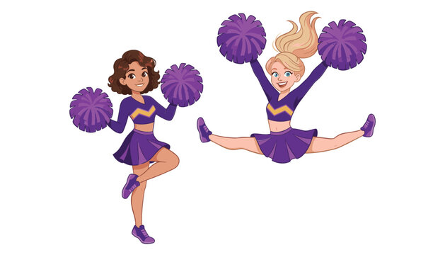 Cheerleader girls cartoon vector set. Jumping in split pose, dancing with purple pom-poms and uniforms.