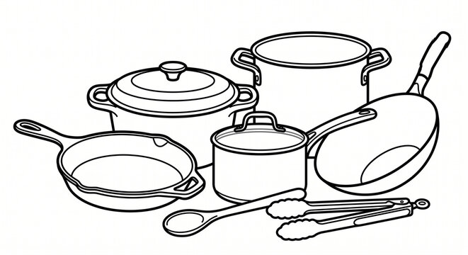Cookware and Kitchen Pots Outline Vector Collection