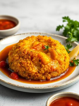 Golden crispy mofongo served with savory sauce, crispy, main dish