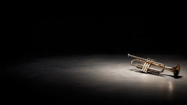 trumpet. A trumpet resting on a dark stage under a solitary spotlight, brass gleaming. event programs, museum guides, designed for cultural heritage projects and event programs, preserves heritage.