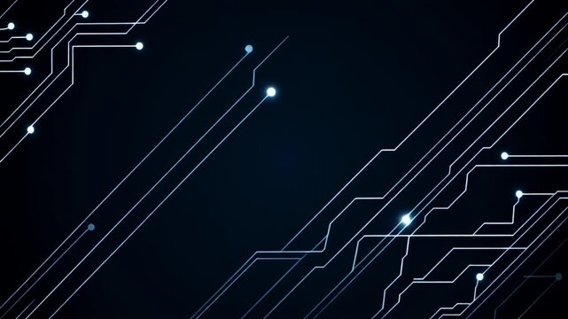 Abstract dark navy background with thin white and silver circuit board traces and small glowing nodes, futuristic electronic tech motion graphic with copy space